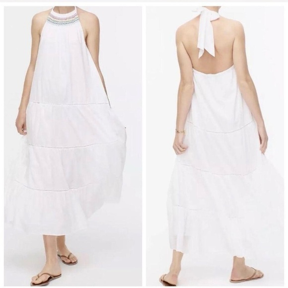 J.Crew Tiered Halter Maxi in White Rainbow Embroidery Cotton Dress medium - Picture 1 of 16